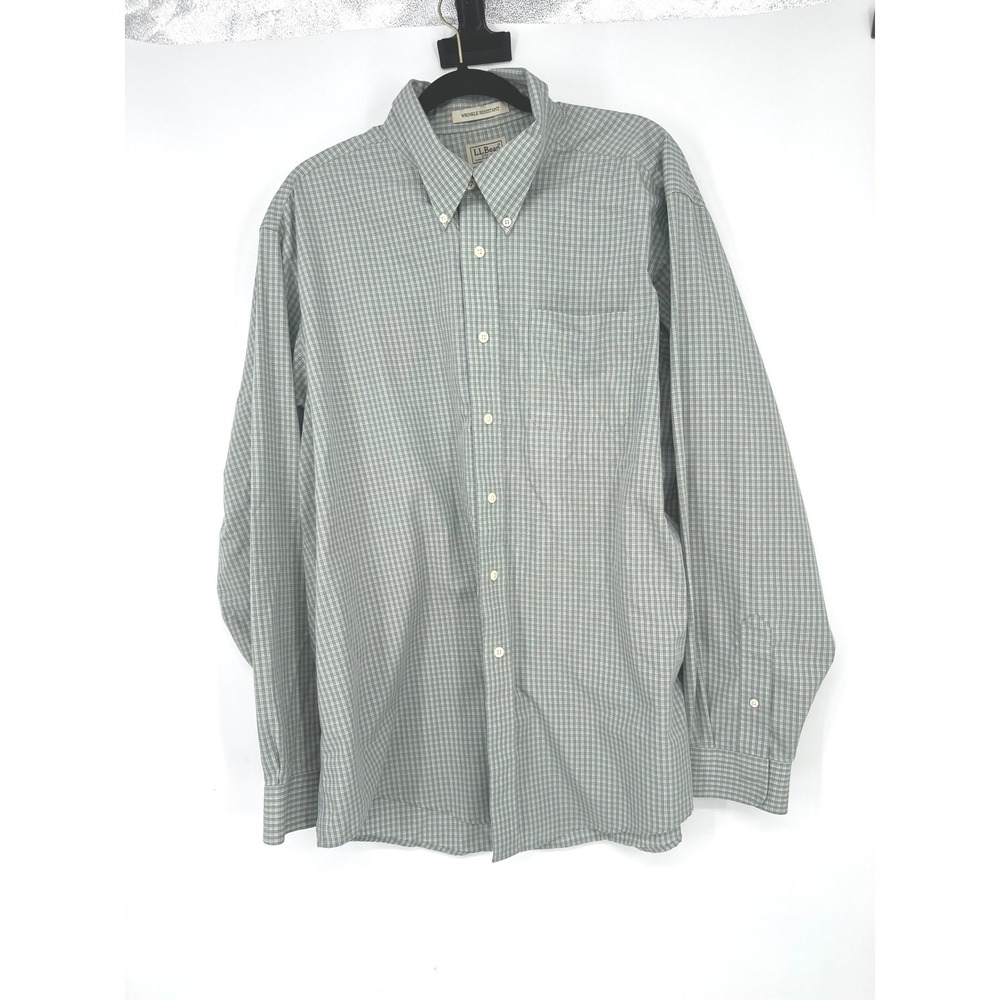 LL Bean Button Down Shirt Men XL Green Plaid Wrinkle Resistant Cotton Casual